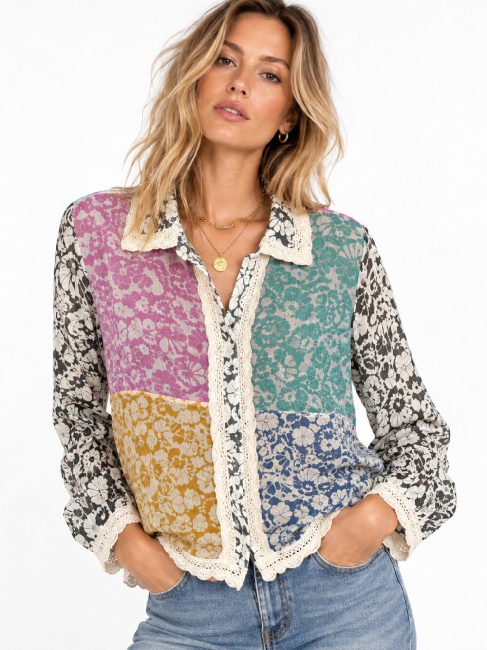 Anthropologie Let Me Be Floral Patchwork Blouse Medium Crochet Boho Cottagecore